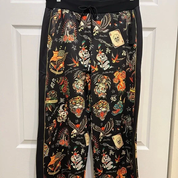 Ed Hardy Flashboard Track Pants Sz L Wide Leg Embroidered tattoo NWT Women. - Picture 2 of 11